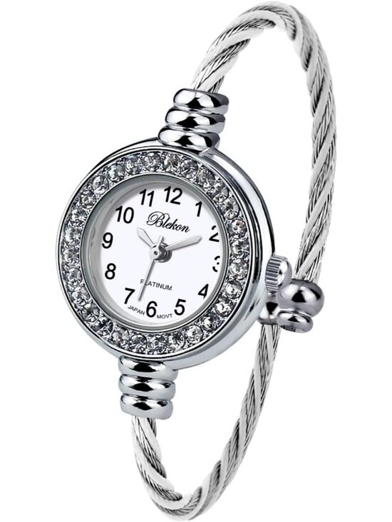 Women Silver And White Analog Cable Cuff Arabic Number Rhinestone Bracelet Watch